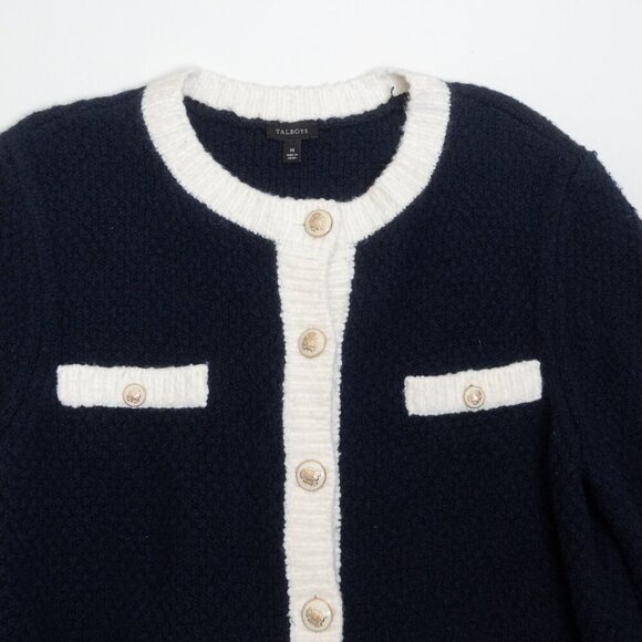 Talbots Cardigan Button Front Sweater Navy White Contrast Trim Cotton Wool Blend - Picture 4 of 13